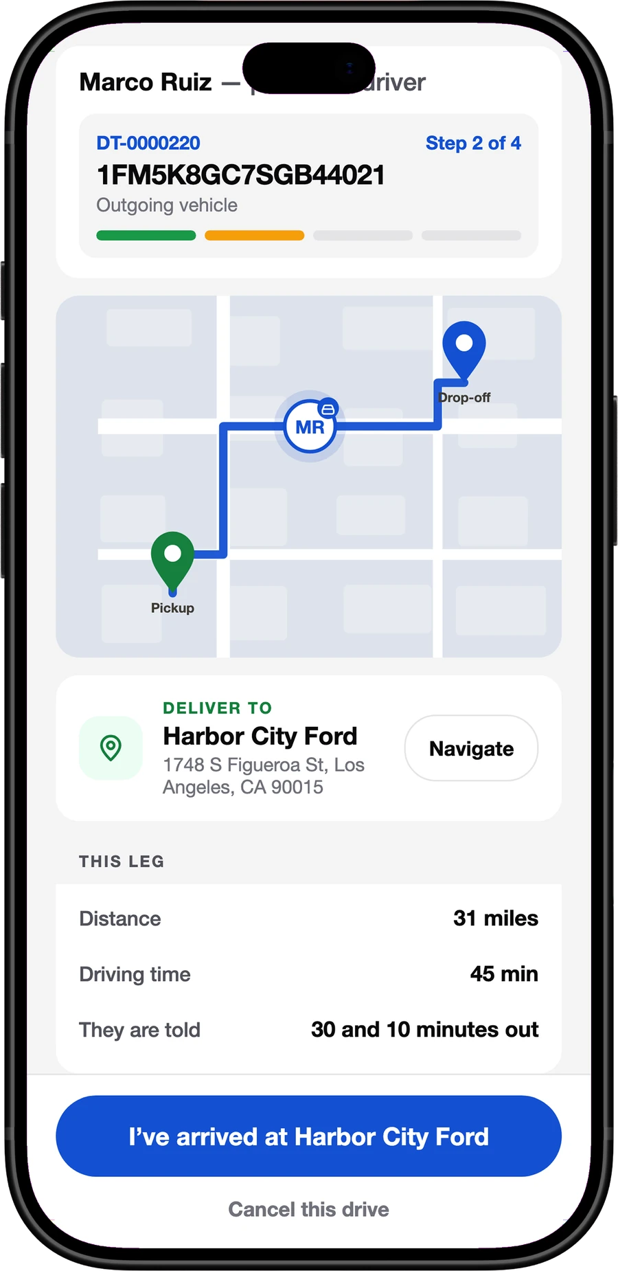 The driver's view on the second leg: the route to Harbor City Ford, the distance, the driving time and the arrival button