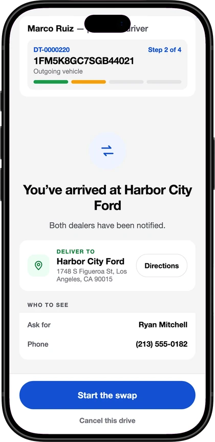 The DealerTrades app: the driver arrived at the second dealership to start the swap