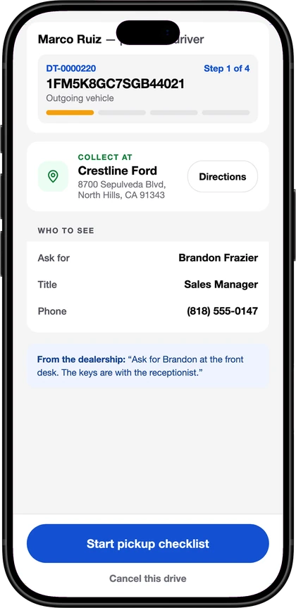 The DealerTrades app: the driver's assignment: collect the vehicle at the first dealership