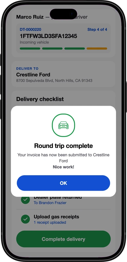 The DealerTrades app: the round trip complete and the driver's invoice submitted