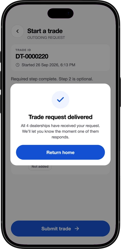 The DealerTrades app: confirmation that the trade request reached every dealership chosen
