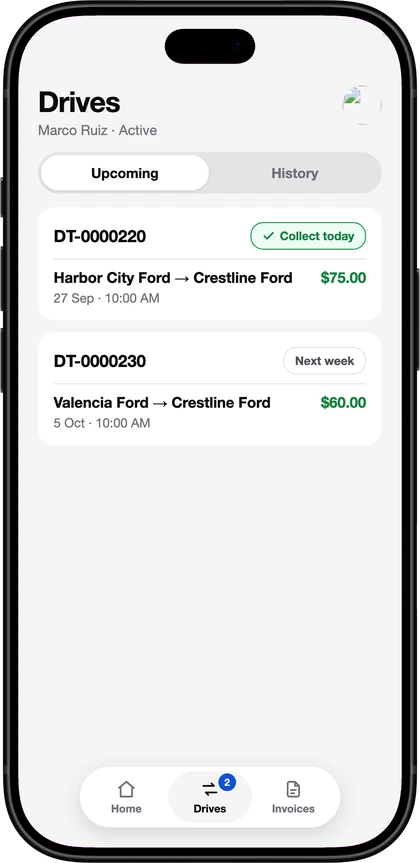 The DealerTrades app: the driver's upcoming drives, each with what it pays
