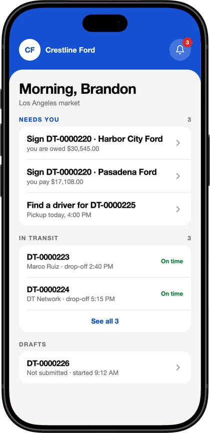 The DealerTrades app: the dealership home screen, with the trades waiting on this store