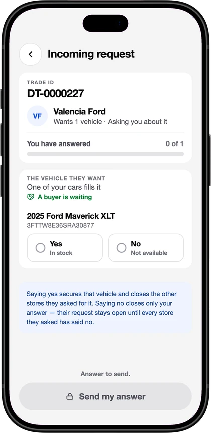 The DealerTrades app: an incoming request where a customer is already committed