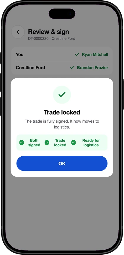 The DealerTrades app: the trade locked after both dealerships signed