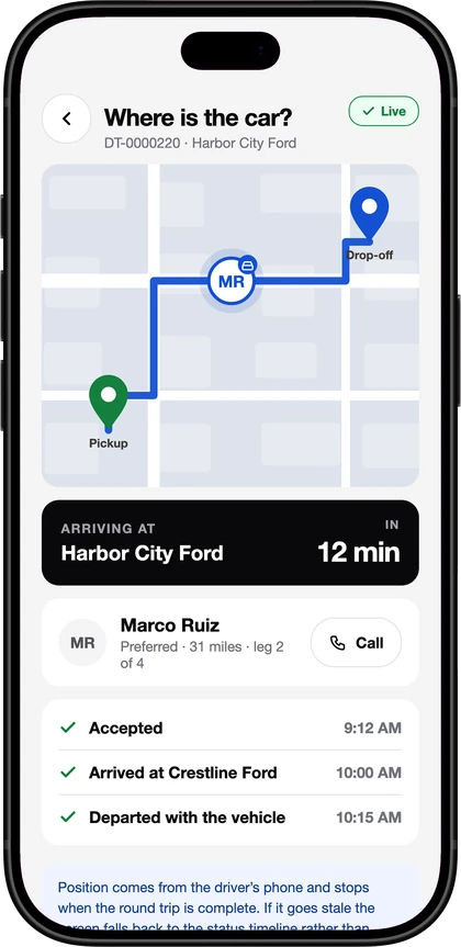 The DealerTrades app: the live map showing where the vehicle is and the time to arrival
