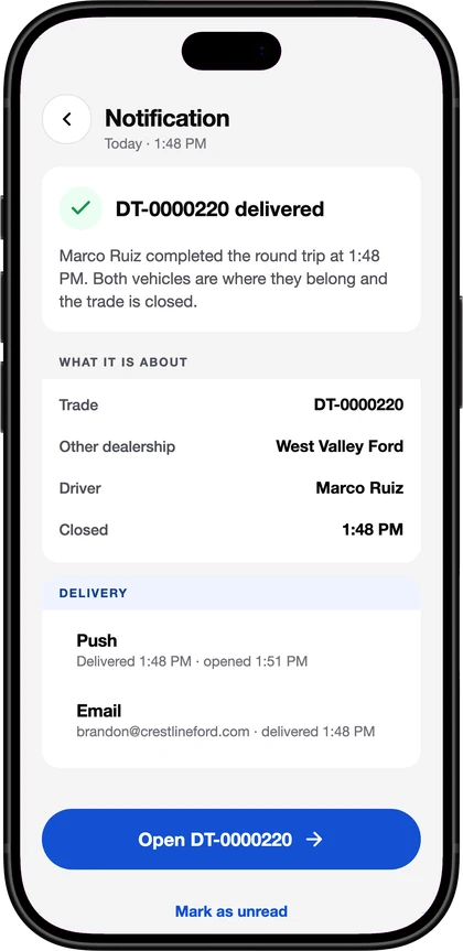 The DealerTrades app: the notification that a trade was delivered