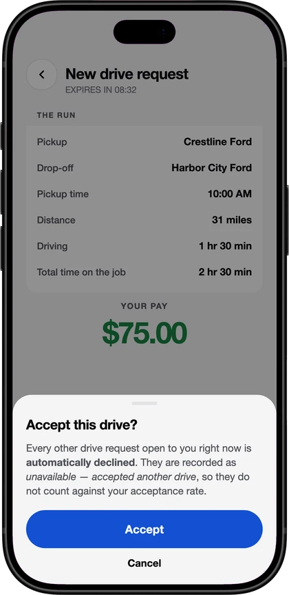 The DealerTrades app: a drive offered to a driver, with the stores, the miles and the pay