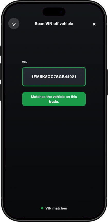 The DealerTrades app: a scanned VIN matching the vehicle on the trade